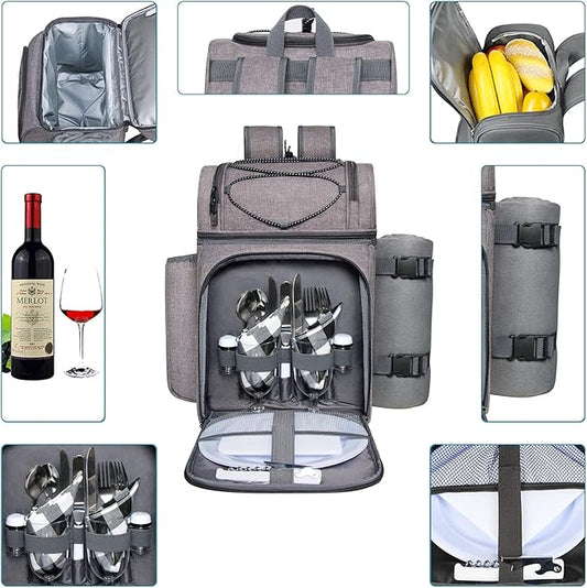 Hap Tim Picnic Basket Backpack for 2 Person with 2 Insulated Cooler Compartment, Wine Holder, Fleece Blanket, Cutlery Set, Gifts Ideals for Wedding, White Elephant, Bridal Showers, Christmas