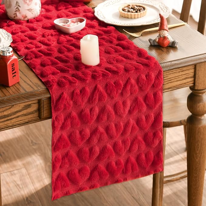 Artoid Mode Red Soft Plush Faux Fur Jacquard Heart Valentine's Day Table Runner, Seasonal Kitchen Dining Table Decoration for Home Party Decor 13x36 Inch