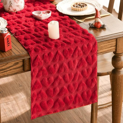Artoid Mode Red Soft Plush Faux Fur Jacquard Heart Valentine's Day Table Runner, Seasonal Kitchen Dining Table Decoration for Home Party Decor 13x36 Inch