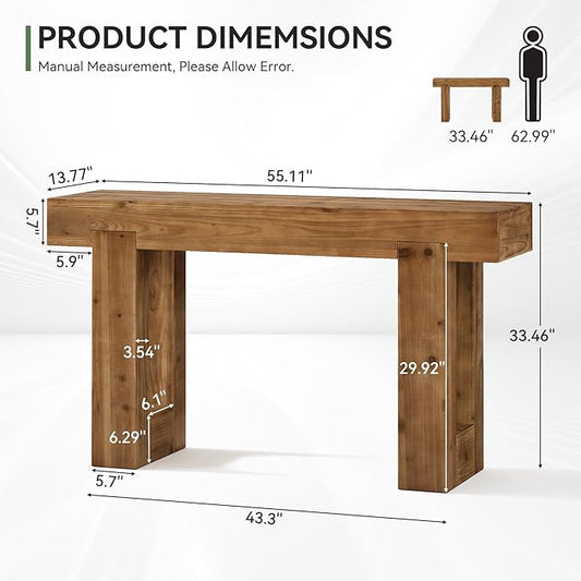 Tribesigns 55-Inch Long Console Table, Solid Wood Rectangular Sofa Table Behind The Couch, Farmhouse Entryway Table for Entrance, Hallway, Living Room (Solid Wood, Warm Brown)