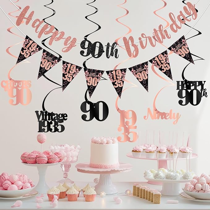 90th Birthday Decorations for Women, Black Rose Gold Happy 90th Birthday Banner Hanging Swirls Vintage 1935 Birthday Decorations Kit Cheers to 90 Birthday