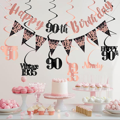 90th Birthday Decorations for Women, Black Rose Gold Happy 90th Birthday Banner Hanging Swirls Vintage 1935 Birthday Decorations Kit Cheers to 90 Birthday