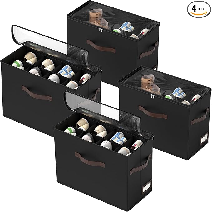 OIAHOMY 4 Pack Shoe Organizer for Closet, Foldable Shoe Storage Bins with Adjustable Dividers, Stackable Oxford Cloth Sneaker Boxes for Entryway Bedroom, Fits Up to 32 Pairs, Black