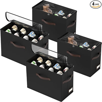 OIAHOMY 4 Pack Shoe Organizer for Closet, Foldable Shoe Storage Bins with Adjustable Dividers, Stackable Oxford Cloth Sneaker Boxes for Entryway Bedroom, Fits Up to 32 Pairs, Black
