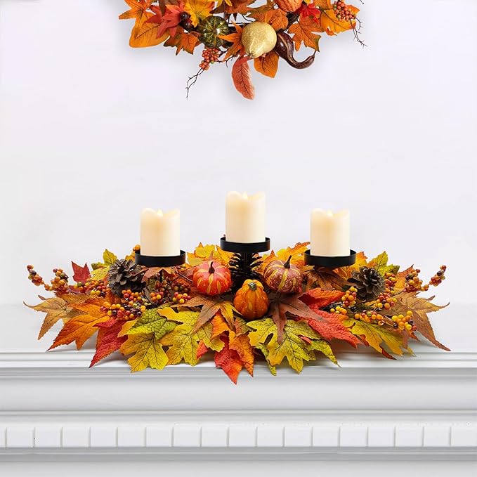 Thanksgiving Centerpiece Fall Table Decorations, Artificial Gourd, Pumpkins, Pine Cones, Maple Leaves and Berries Harvest Table Candle Holder for Dinning Table, Fireplace Mantel (Candle Not Included)