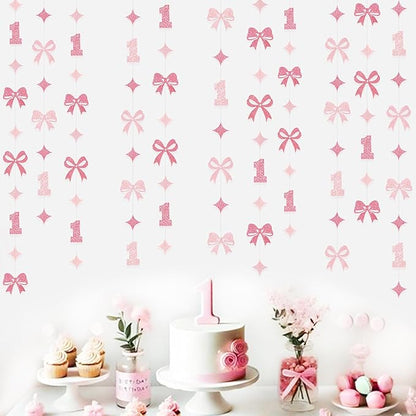 Pink Bow One Birthday Decorations Pink Glitter Paper Star Bow 1st Hanging Garland Streamer Banner for Happy First Birthday Baby Girl Bday Decor or 1st Anniversary Party Decorations Supplies