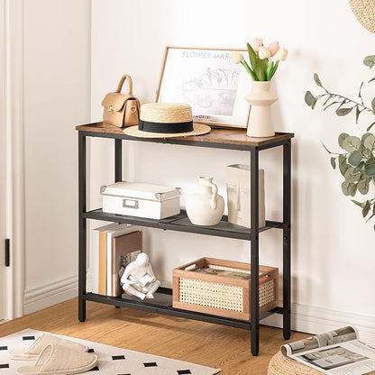 HOOBRO 29.5" Narrow Console Table, 3-Tier Entryway Table, Thin Sofa Table with Shelves, Side Table, Display Table, for Hallway, Entrance, Living Room, Bedroom, Rustic Brown and Black BF73XG01