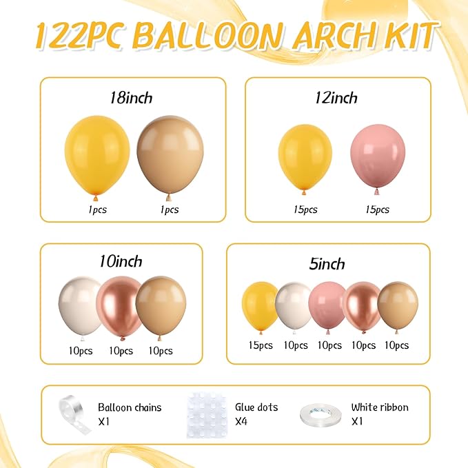 Boho Balloon Arch Kit,122Pcs Dusty Pink Mustard Yellow Metallic Rose Gold Apricot Nude Pastel Balloons for Boho Bridal Wedding Fall Baby Shower Engagement Anniversary Birthday Party Decorations