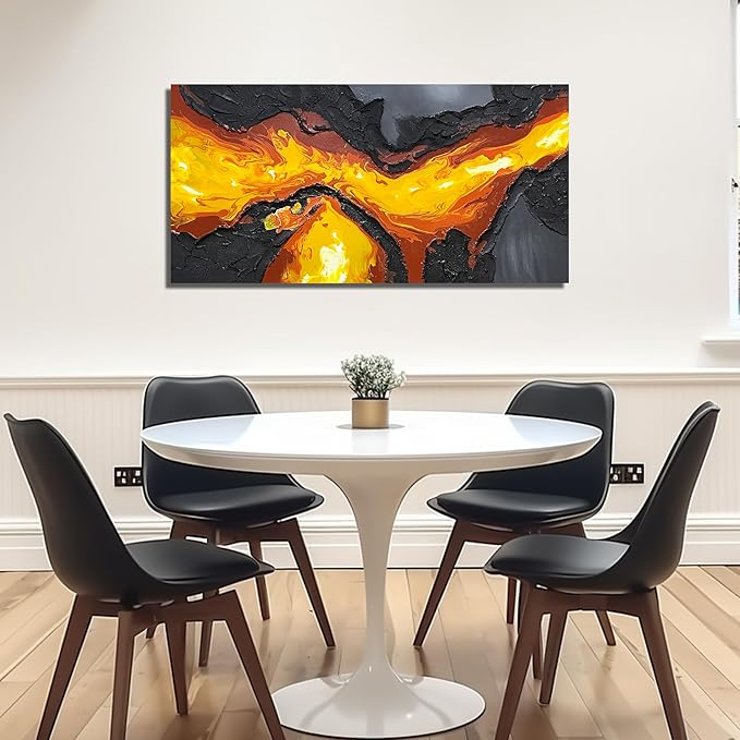 GUGIKA Abstract Wall Art for Living Room, Hand Painted 3D Textured Magma Paintings, Black and Gold Yellow Volcanic Lava Canvas Wall-Decor for Bedroom, Size 40 x 20 Inches