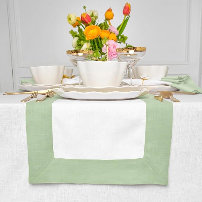 Solino Home Linen Table Runner 108 Inches Long - 100% Pure Linen Light Green and White Dining Table Runner 14 x 108 Inch - Contempo