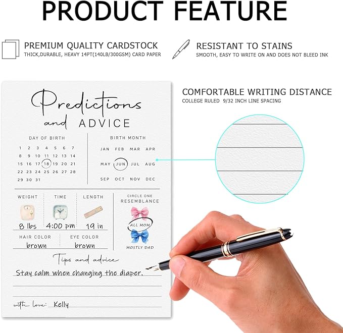 Baby Predictions & Advice Cards - Baby Shower Game, 30 pcs, 6.7 x 4.7 in - for New Parents, for Mommy & Daddy, Gender Reveal Boy or Girl, Modern Design Thick Cards