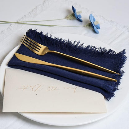Handmade Cloth Napkins with Fringe,18 x 18 Inches Cotton Linen Napkins Set of 6 Versatile Handmade Square Rustic Fringe Napkins for Dinner, Wedding and Parties, Navy Blue