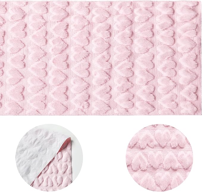 Artoid Mode Pink Soft Plush Faux Fur Jacquard Heart Valentine's Day Table Runner, Seasonal Kitchen Dining Table Decoration for Home Party Decor 13x90 Inch