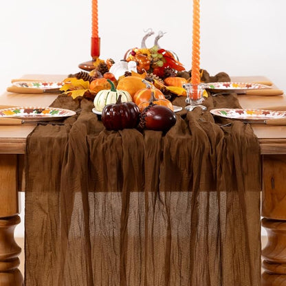 Brown Cheesecloth Table Runner Tan 4 Pack Christmas Table Runners Boho Gauze 120 Inches Marron Cheese Cloth Table Decor for Xmas Holiday Season Parties Wedding Bridal Baby Shower Tea Party