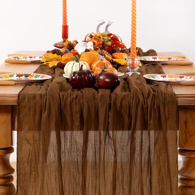 Brown Cheesecloth Table Runner Tan Christmas Table Runner Boho Gauze 120 Inches Marron Cheese Cloth Table Decor for Xmas Holiday Season Parties Wedding Bridal Baby Shower Tea Party