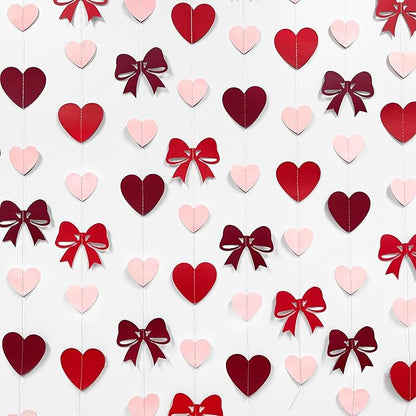 Heart Bow Decorations Burgundy Red Pink Heart Bow Hanging Garland Streamer for Anniversary Birthday Valentines Bachelorette Wedding Baby Shower Bridal Shower Engagement Hen Party Decorations Supplies