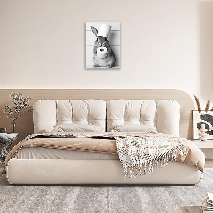 Bunny Bathroom Wall Art, Rabbit Pictures Wall Decor, Animal Canvas Prints Painting, Framed Artwork For Bathroom Living Room Bedroom Office Dining Room 24"X16"