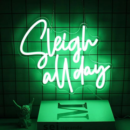 Sleigh All Day Neon Lights Signs Christmas Neon Sign Green Letter LED Neon Lights for Wall Words Xmas Neon Light Up Sign for Bedroom Bar Man Cave Christmas Party Decor