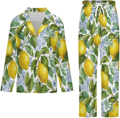 Lemons Leaves Ceramic Style Womens Pajama Set Long Sleeve Pajamas Top And Pants Soft Loungewear Pjs Sets
