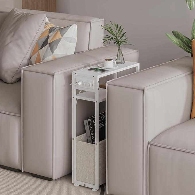 White Side Table with Charging Station, Slim End Tables with Linen Basket, Skinny Table for Small Spaces, Thin Bedside Table for Living Room, Bedroom