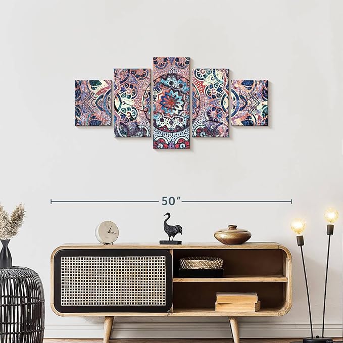 ElephantStock - Mandala Enchantment Wall Art - Horizontal Multi Panel Canvas - 5 Piece Living Room Wall Decor - Digital Art Elements Multi Piece Wall Art - Blue And Beige Decor - 42" x 19"