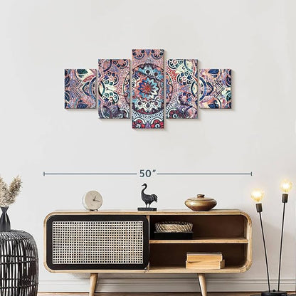 ElephantStock - Mandala Enchantment Wall Art - Horizontal Multi Panel Canvas - 5 Piece Living Room Wall Decor - Digital Art Elements Multi Piece Wall Art - Blue And Beige Decor - 42" x 19"