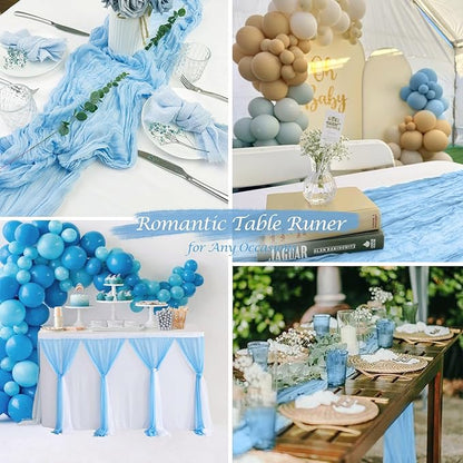 3 Pack Baby Blue Table Runner Boho Gauze Cheesecloth Table Runner 120 Inches Long Light Blue Cheese Cloth Runner for Wedding Bridal Baby Shower Birthday Party Thanksgiving Decor