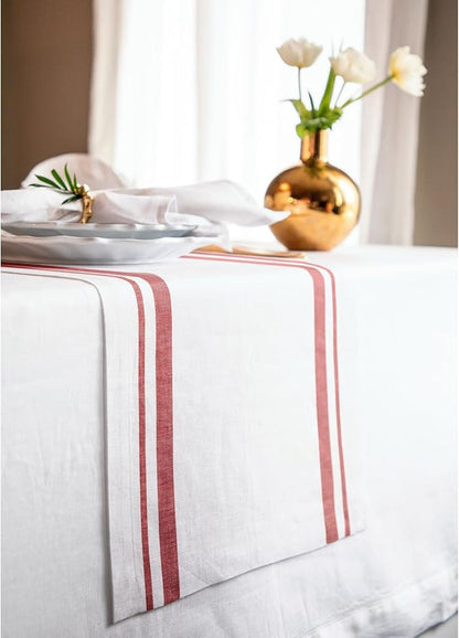 Solino Home Linen Table Runner 132 Inches Long - French Stripe, 100% Pure Linen Red and White Farmhouse Table Runner 14 x 132 Inch Ideal for Dining, Christmas, New Year
