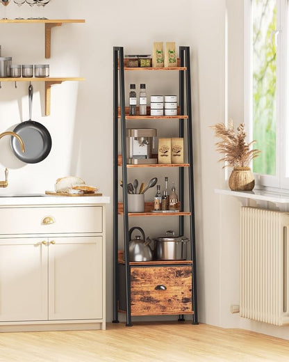 Furologee Bookshelf Set of 2, 6-Tier Ladder Shelf, Ladder Bookshelf with Drawer, Set of 2 Bookshelves, Metal Storage Shelf for Living Room, Home Office, Bedroom, Balcony,Kitchen, Rustic Brown