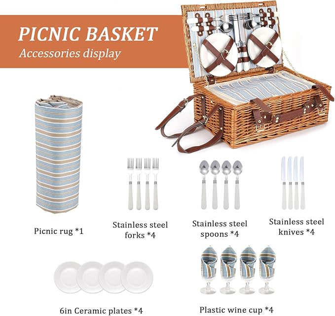 Picnic Basket for 4 Persons with Waterproof Picnic Blanket and Insulated Cooler, Large Wicker Picnic Basket for Camping, Outdoors, Valentine's Day, Christmas, Birthday, Wedding Gift