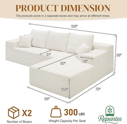 108" L Shaped Boneless Sectional Couches for Living Room, Comfy Corduroy Floor Cloud Sofa with Chaise, Wide Armrest, Deep Seat, Memory Foam, Assembly Free, Ideal for Small Spaces, White