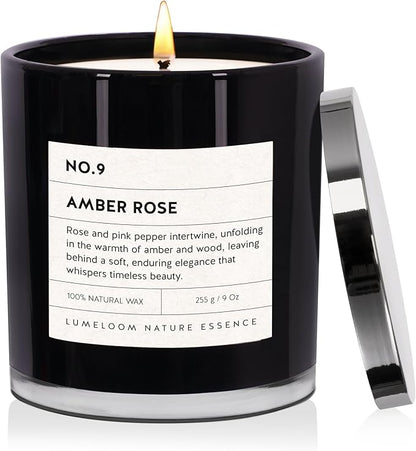 Amber & Rose Luxury Scented Candles, 9oz Soy Wax Candles for Home Scented, Rose, Wood, Amber Scent, Long Burning Time, Gifts for Christmas, Women, Friends, Men, Sister, Mom, Teacher