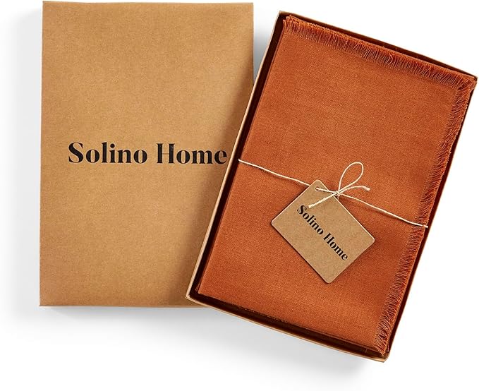 Solino Home Fringe Linen Napkins Set of 4-100% Pure Linen Cinnamon Dinner Napkins 20 x 20 Inch for Fall, Autumn - Handcrafted and Machine Washable