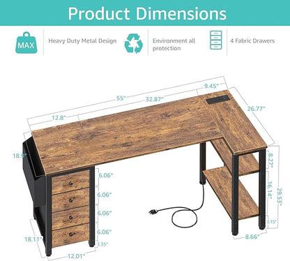 Lufeiya L Shaped Computer Desk with Drawers & Storage Shelves, 55 Inch Corner Desk with Power Outlet for Home Office Bedroom, L-Shaped Teen PC Gaming Desks with Fabric Drawer, Rustic Brown