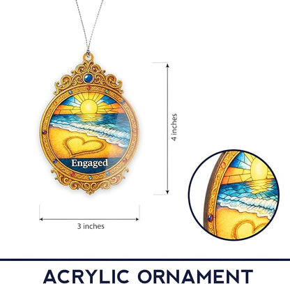 Engaged Ornament 2025 – Beach Sunset Heart Design - Engagement Gift Keepsake for Bride and Groom – Beach Engagement Decor- White Elephant Gifts - Xmas Tree Funny Decoration Mirror