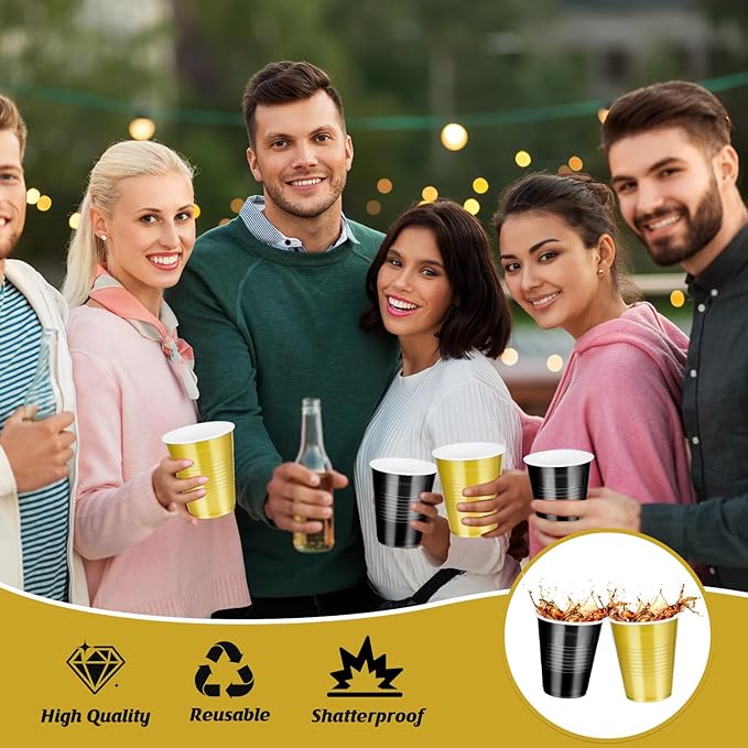 100 Pcs Black and Gold Plastic Cups 12 oz, Bulk Gold and Black Disposable Party Graduation Cups for Graduation New Year Wedding Birthday Christmas Theme Party Supplies Decorations