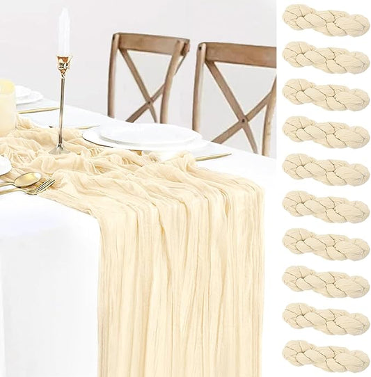 10 Pack Beige Cream Cheesecloth Table Runner 35x120 Inches, Farmhouse Rustic 10ft Gauze Cheese Cloth Table Runner for Wedding Banquets Bridal Shower Birthday Party Home Decor