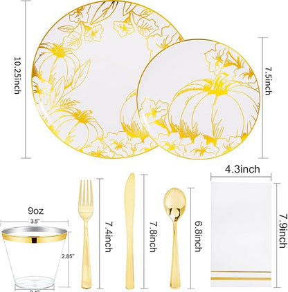 Liacere 175PCS Thanksgiving Plates- Gold Pumpkin Plastic Plates-Thanksgiving Plastic Plates and Napkins Sets Include 50 Plastic Plates,75 Thanksgiving Dinnerware，25 Gold Cups 25 Napkin