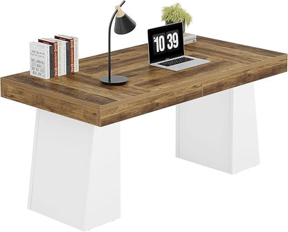 Tribesigns 55" Executive Desk, Wooden Office Desk with Double Pedestal, Modern Simple Computer Writing Table for Home Office, Brown & White