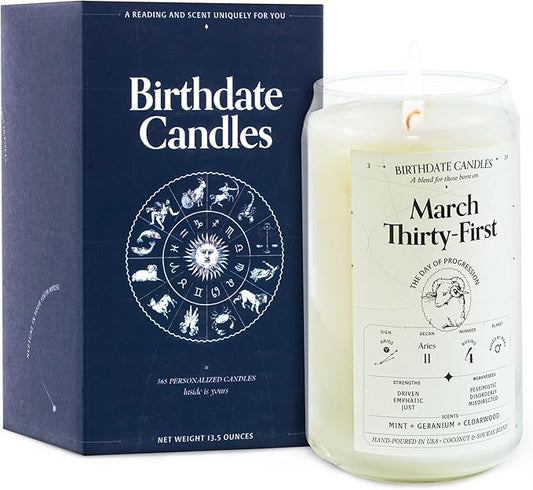 Birthdate Candles, March 31 - Aries Zodiac Scented Candles Birthday Gift - Mint, Geranium & Cedarwood Scent - All-Natural Soy & Coconut Wax, 60-80 Hour Burn Time - Made in USA
