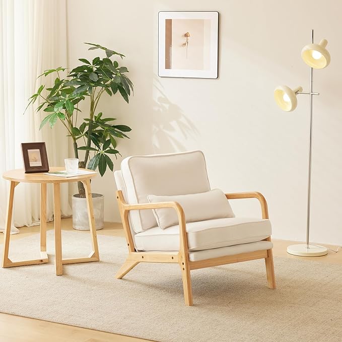 Bonnlo Coarse Linen Beige Mid Century Modern Accent Chair, Soild Wood Padding Lounge Armchairs Side Sitting Chairs for Living Room, Bedroom, Guest Room