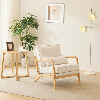 Bonnlo Coarse Linen Beige Mid Century Modern Accent Chair, Soild Wood Padding Lounge Armchairs Side Sitting Chairs for Living Room, Bedroom, Guest Room