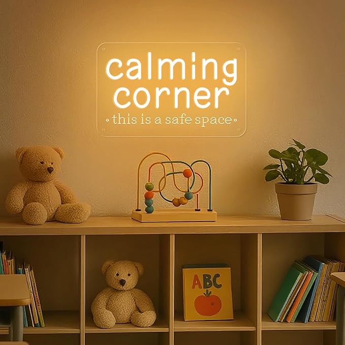 Calming Corner Neon Sign for Classroom Decor Warm White, Dimmable Calm Down Corner Led Light Sign for Kids Room Classroom Library School Therapy Office, Gifts USB Powered for Home Preschool 12"X7.6"