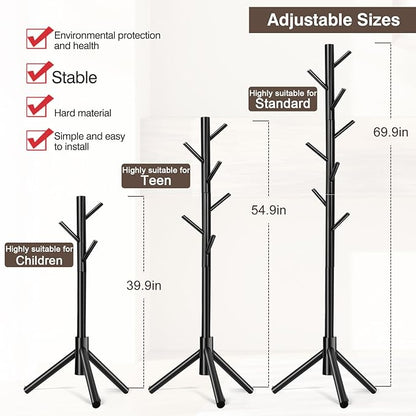 Coat Rack, Freestanding Coat Rack with 8 Hooks and 3 Adjustable Size Tree Coat Racks for Bedroom, Hallway, Entrance, Office, for Hats, Coats, Scarves, Handbags