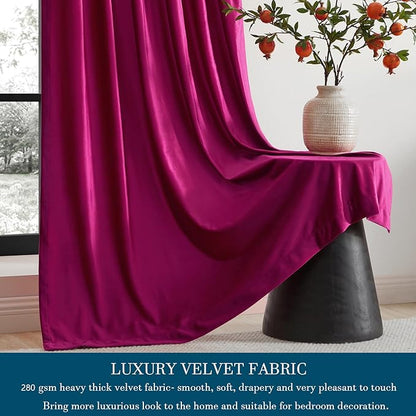 PRIMROSE Hot Pink Velvet Curtains 63 inch Long for Living Room,Set of 2 Panels Blackout Rod Pocket Back Tab Window Treatment Room Darkening Heavy Decorative Curtains Drapes for Bedroom