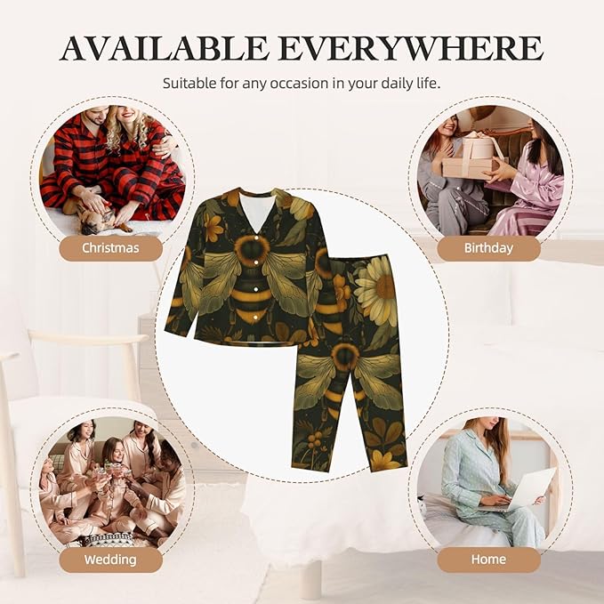 Retro Bee And Floral Women'S Pajama Sets Ultra-Soft Printed Sleepwear
