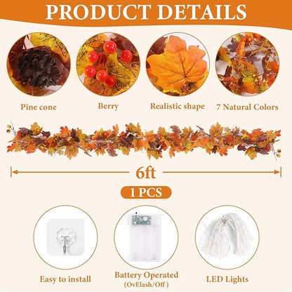 6FT Fall Decor, Fall Garland with Lights for Mantle, Fall Decorations for Home, Realistic Fall Leaves Garland with Pine Berries Cone for Outdoor Indoor Porch Table Fireplace Thanksgiving Decorations