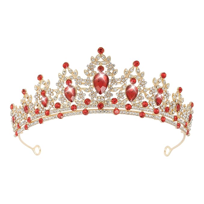 WOVOWOVO Princess Crown Queen Birthday Tiara for Women Girls, Red Crystal Tiaras and Crowns Headband Hair Accessories for Bride Wedding Halloween Costume Party Prom Christmas Gifts