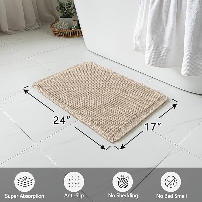 MIULEE Set of 2 Waffle Bathroom Rugs, Boho Bath Rugs Non Slip Washable, Super Absorbent Bath Mats, Ultra Soft Rubber Backed Shower Mats for Bathroom Floor, Tub and Shower, Pale Beige, 17x24 Inch