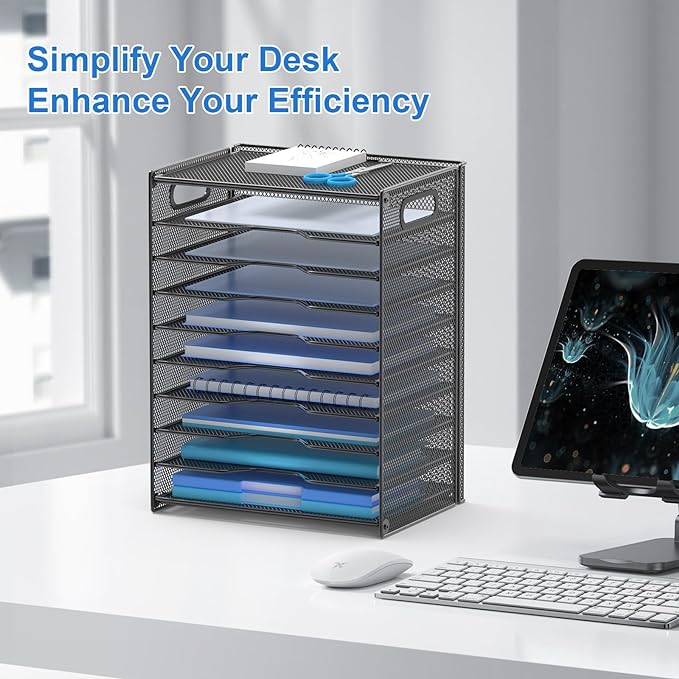 OUTWOLF 10 Tier Paper Organizer - Letter Tray Mesh Desk File Organizer with Handles for Office School Desktop, Black 2 Pack